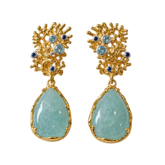 Earrings - Fragments Medium, Yellow Gold Finish with Silver Accents, Aquamarine, Blue Topaz and Sapphire