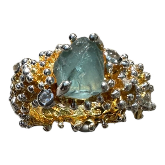 Ring, Anemone, Yellow Gold Finish and Silver Accents, Aquamarine, Topaz