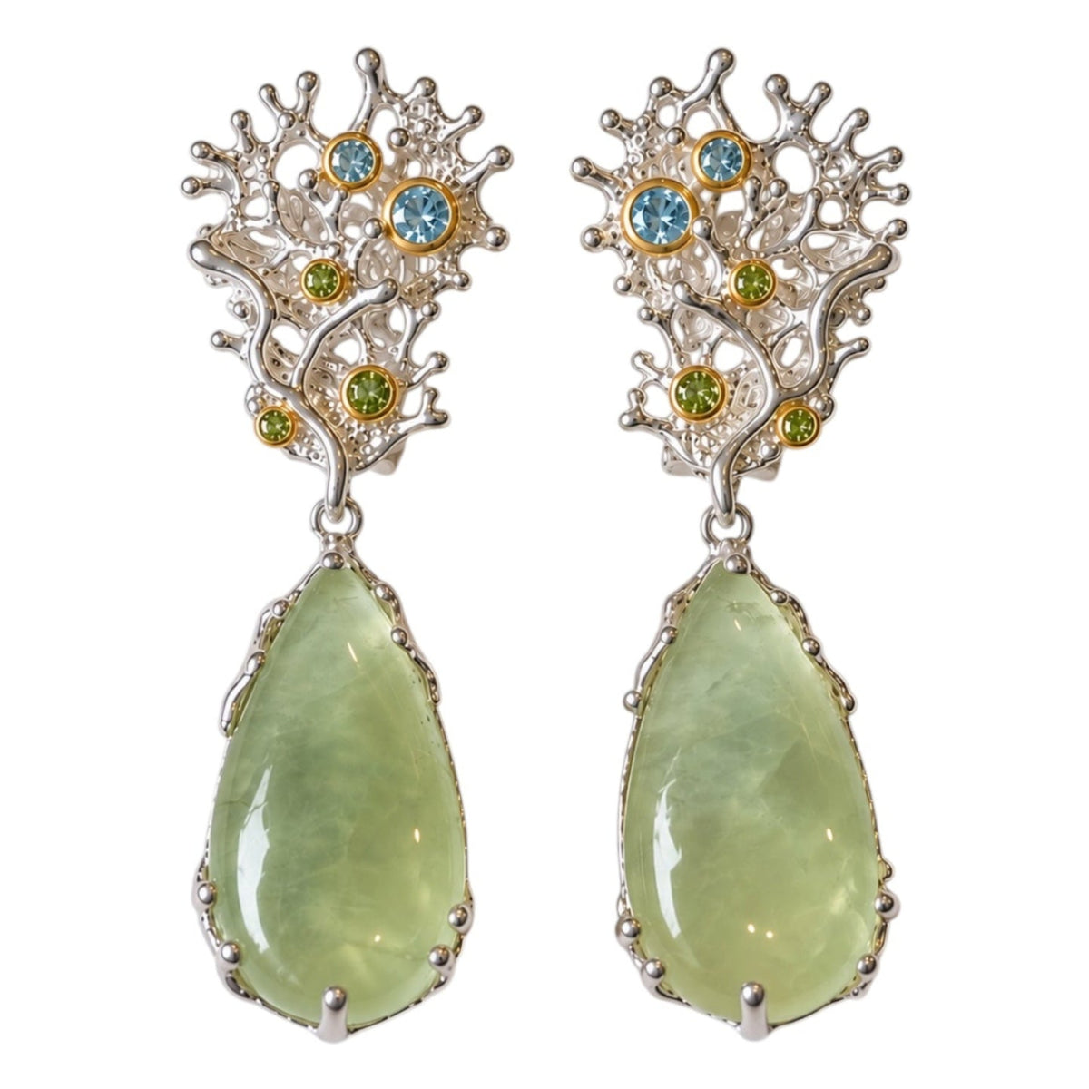 Earrings - Fragments Large, Sterling Silver with Yellow Gold Accents and Prehnite, Blue Topaz and Peridot