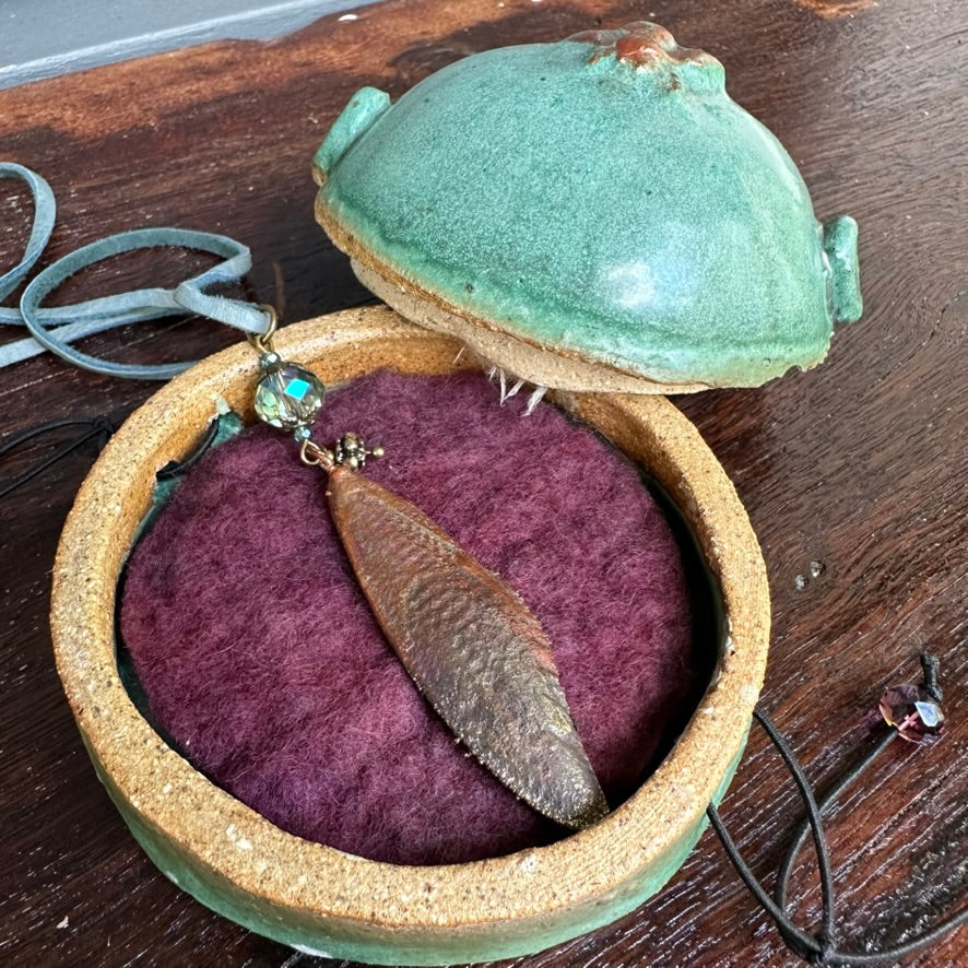 Winged Coppered Cicada with  Turquoise Lace, includes Ceramic Case