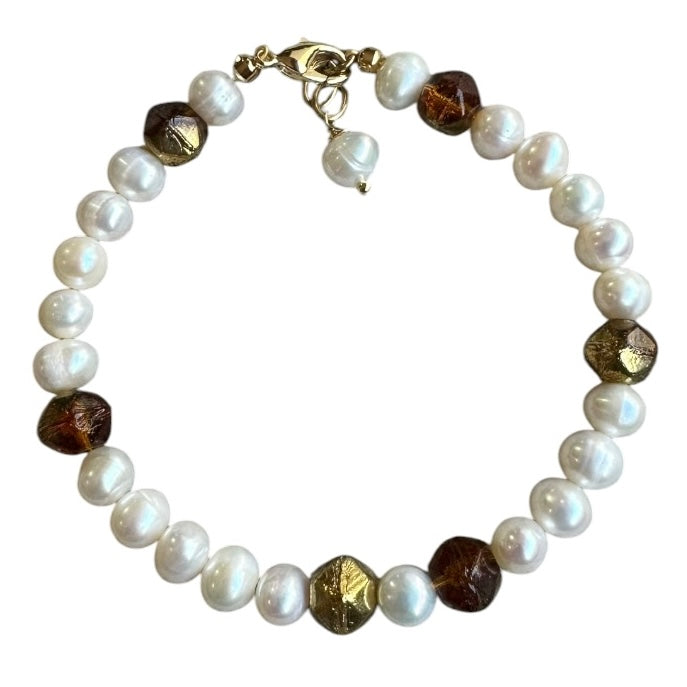 Bracelet - Freshwater Pearl and Bronze Chez Glass Beads