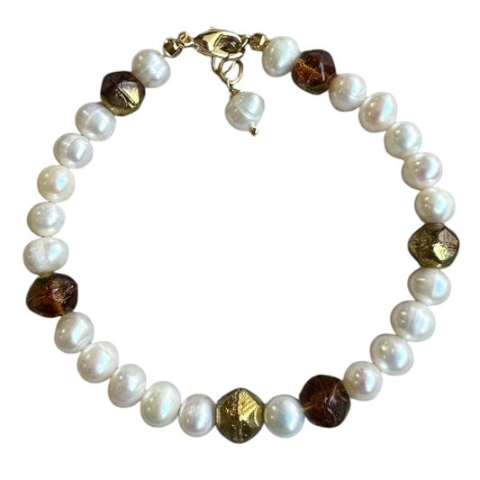 Bracelet - Freshwater Pearl and Bronze Chez Glass Beads