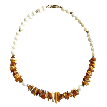 Necklace - Freshwater Pearl Natural Baltic Amber and Brass