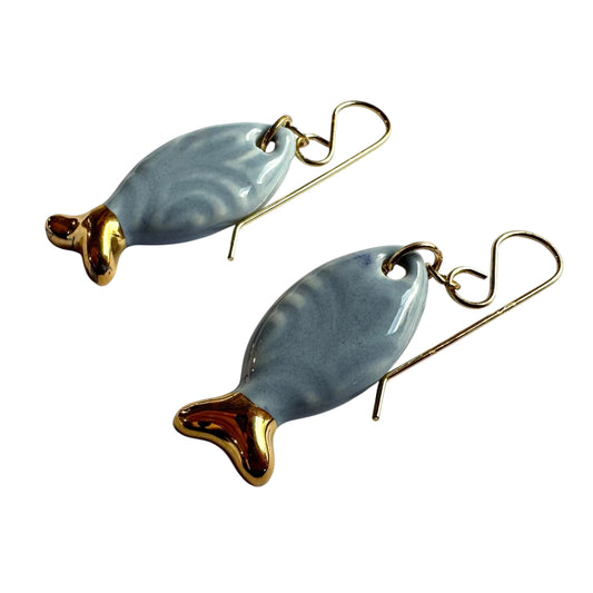 Earrings - Handmade Porcelain Blue Fish