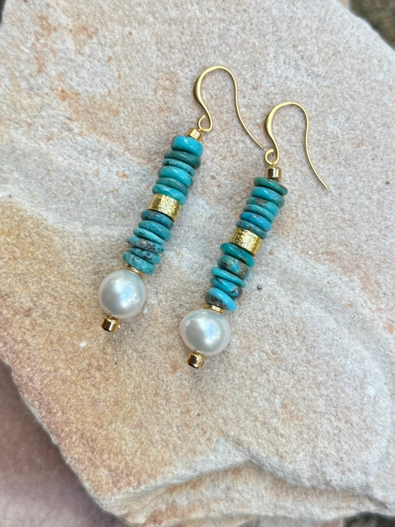 Earrings Freshwater Pearls and Natural Turquoise Stack