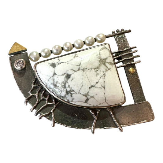Brooch -  Howlite, Cubic Zirconia and Freshwater Pearls