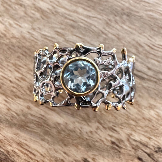 Ring - Fan of the Sea, Rhodium, Yellow Gold Accents, Topaz