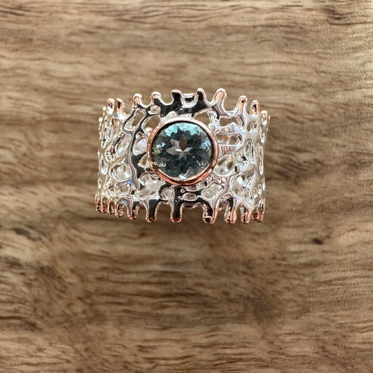 Ring - Fan of the Sea, Sterling Silver, Rose Gold Accents,  Topaz