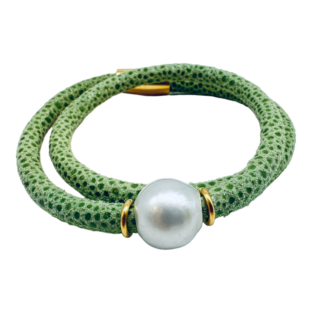 Bracelet - South Sea Pearl on Green Leather