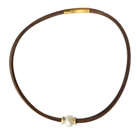 Necklace - 13.5mm White South Sea Pearl from Broome on Brown Leather