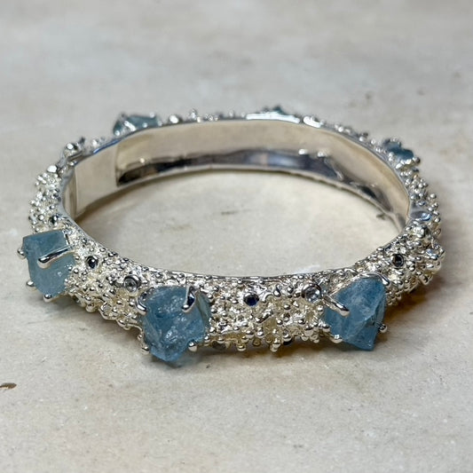 Bangle - Anemone, Sterling silver, with Raw Aquamarine, Blue Sapphire and Blue Topaz