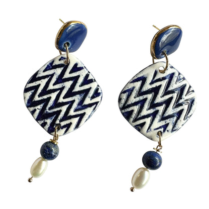 Earrings - Handmade Porcelain Blue Diamond Shape