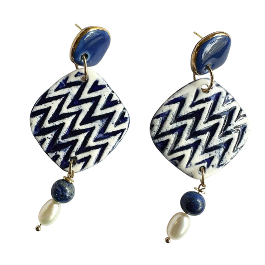 Earrings - Handmade Porcelain Blue Diamond Shape