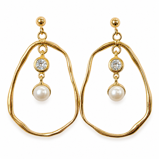 Earrings - Ocean Bed Drop, Yellow Gold Finish with Blue Topaz and Fresh Water Pearls