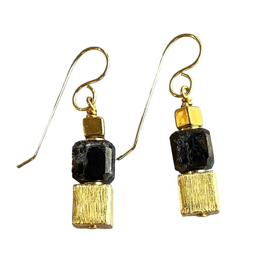 Earrings - Black Tigereye Cube Gem