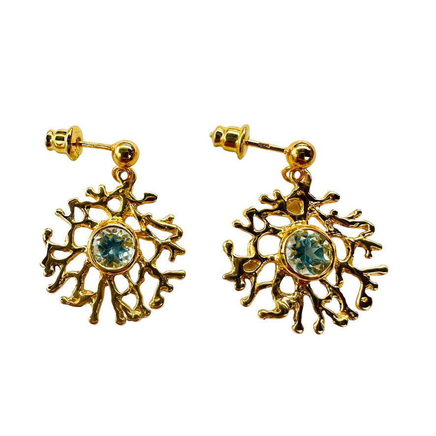 Earrings - Fan of the Sea with Yellow Gold finish and Blue Topaz