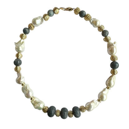Necklace - Fresh Water Baroque Pearls & Natural Blue Coral