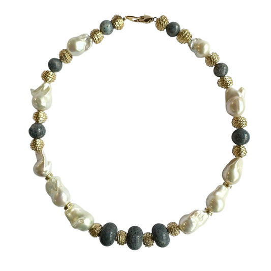 Necklace - Fresh Water Baroque Pearls & Natural Blue Coral