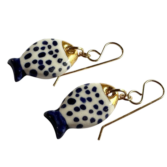 Earrings - Handmade Porcelain Fish Navy and White