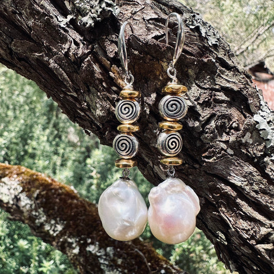 Earrings - Freshwater Baroque Pearls, Beads and 18ct Gold