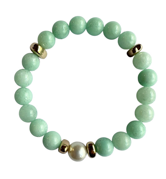 Bracelet - 10mm South Sea Pearl with Amazonite Stone Beads, 24ct Gold Filled