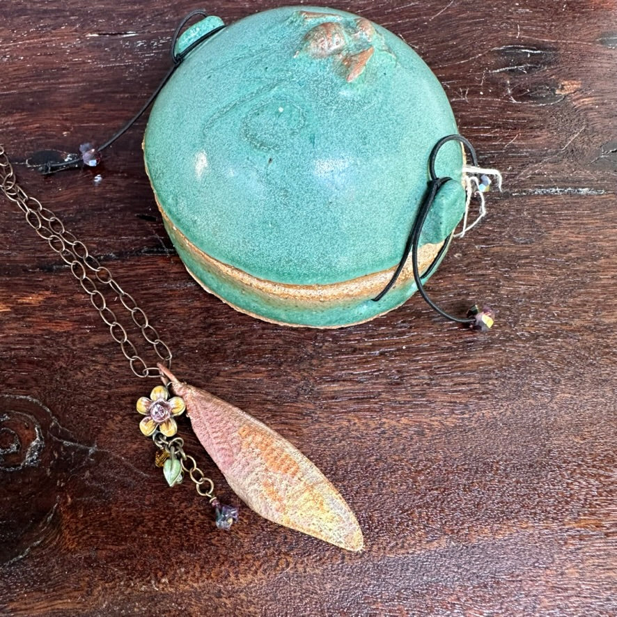 Winged Coppered Cicada with Flower and Beads, includes  Ceramic Case