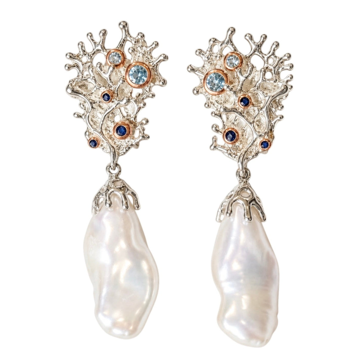 Earrings - Fragments Large, Sterling Silver with Rose Gold Accents, Large Baroque Pearl, Blue Topaz and Sapphires