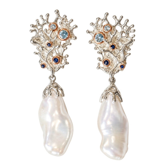Earrings - Fragments Large, Sterling Silver with Rose Gold Accents, Large Baroque Pearl, Blue Topaz and Sapphires