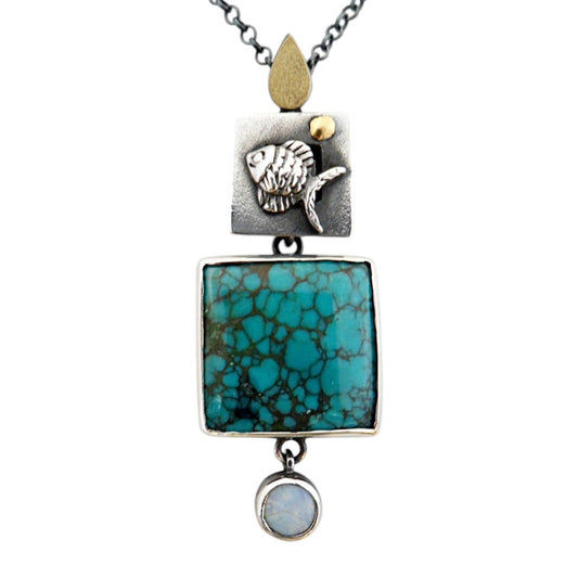 Pendant - Fish Turquoise and White Opal