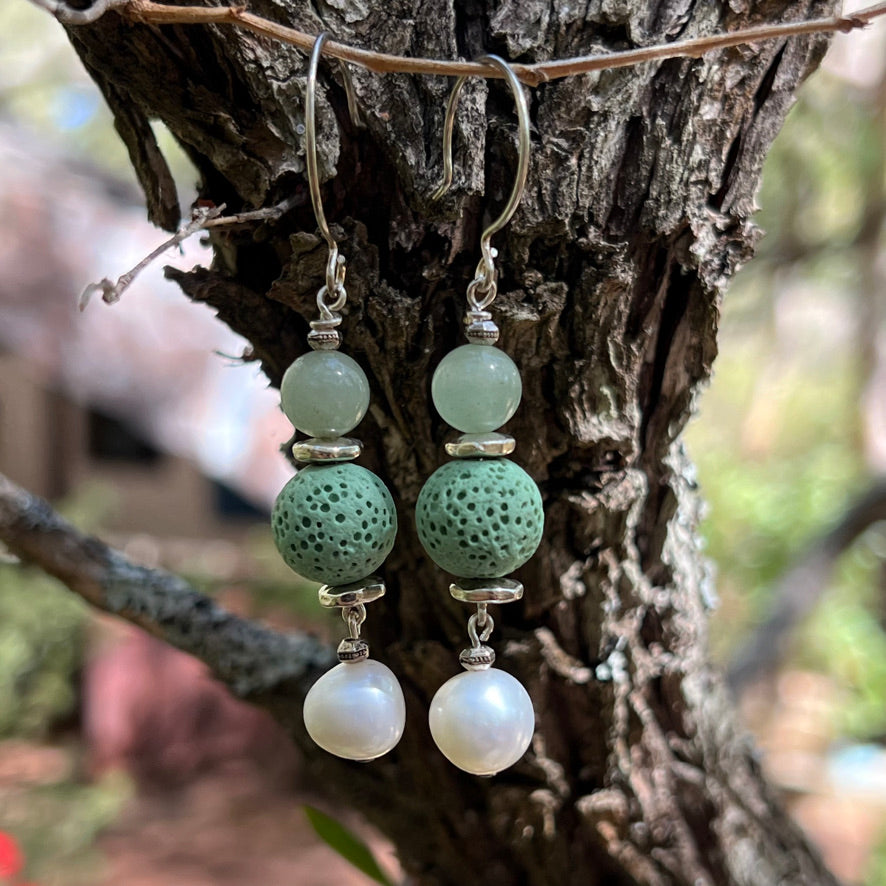 Earrings - Freshwater Pearls and Light Green Calcite and Lava Stone