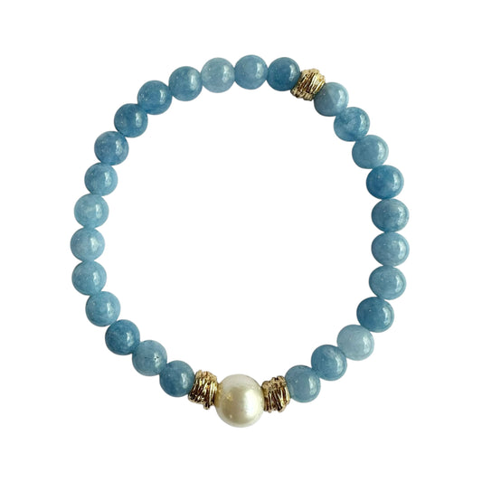 Bracelet - 9mm South Sea Pearl with Blue Aventurine Stone Beads, 24ct Gold Filled Findings