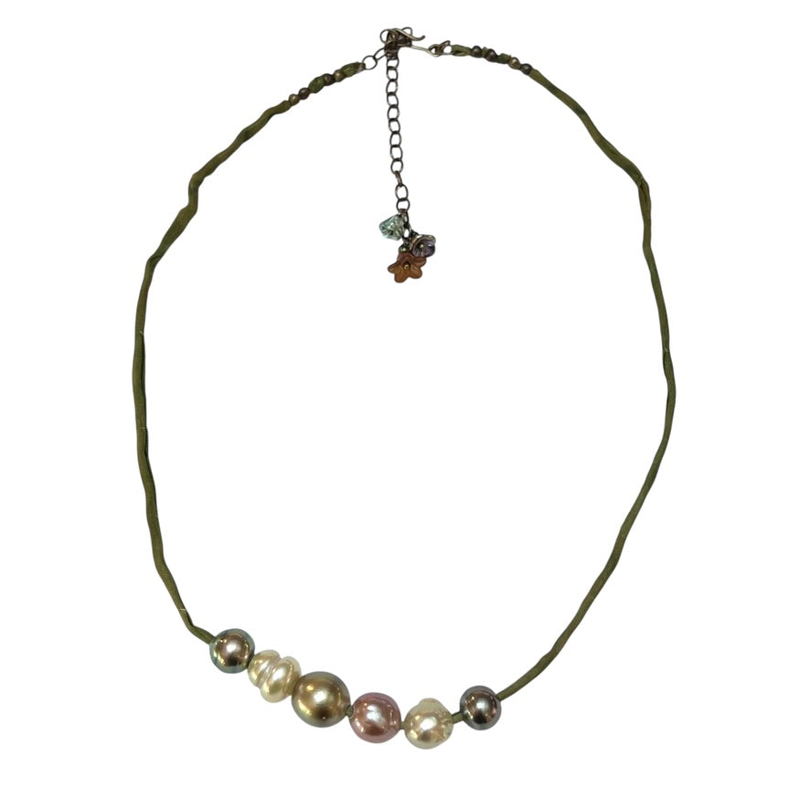 Necklace - Tahitian Pearls on Green Silk