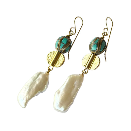 Earrings - Fresh Water Keshi Pearls, Turquoise Brass Beads, 18ct Gold Filled Spacer Beads