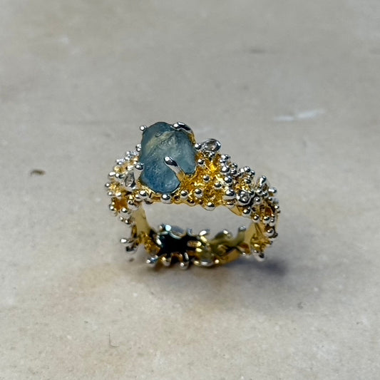 Ring - Anemone, Yellow Gold Finish with Silver Accents, Aquamarine and Topaz