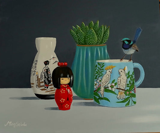 Doll, Cockatoo Mug and Succulent