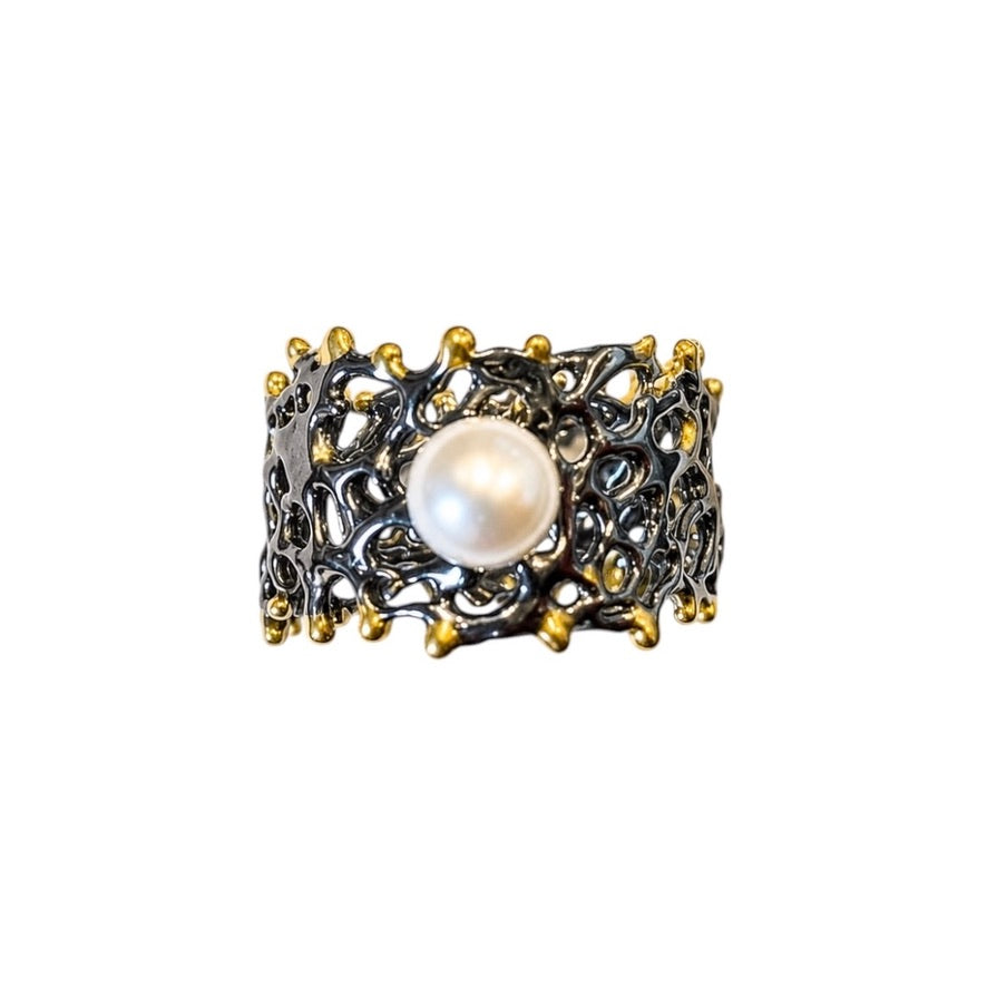 Ring - Fan of the Sea, Rhodium Finish with Yellow Gold Accents and Freshwater Pearl