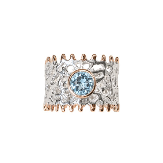 Ring - Fan of the Sea, Silver with Rose Gold Accents and Blue Topaz