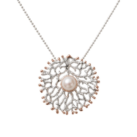 Pendant - Fan of the Sea, Medium Silver with Rose Gold Accents with Freshwater Pearl