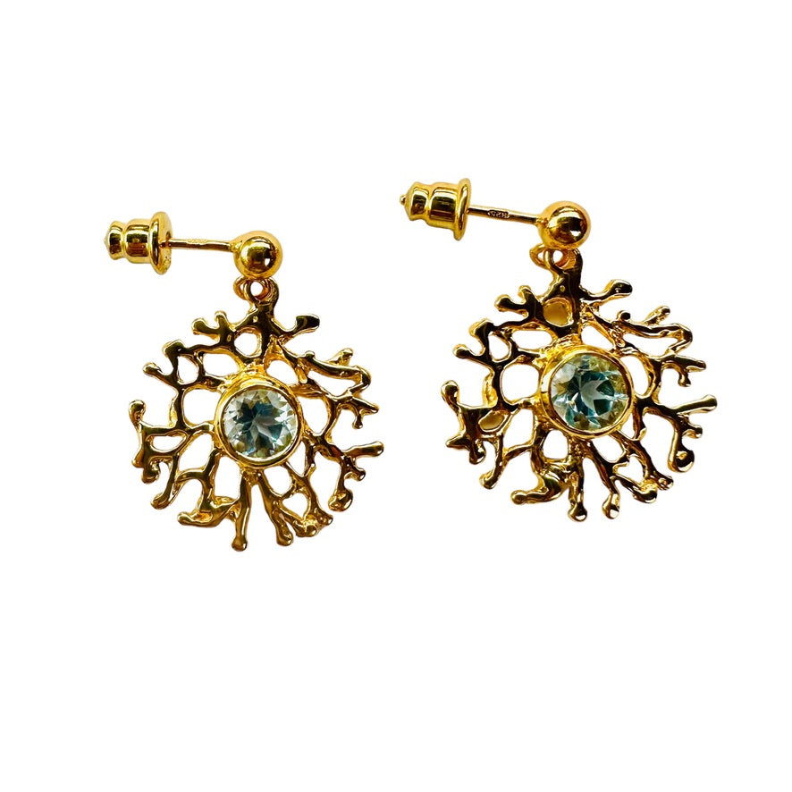 Earrings - Fan of the Sea with Yellow Gold finish and Blue Topaz