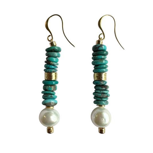 Earrings Freshwater Pearls and Natural Turquoise Stack
