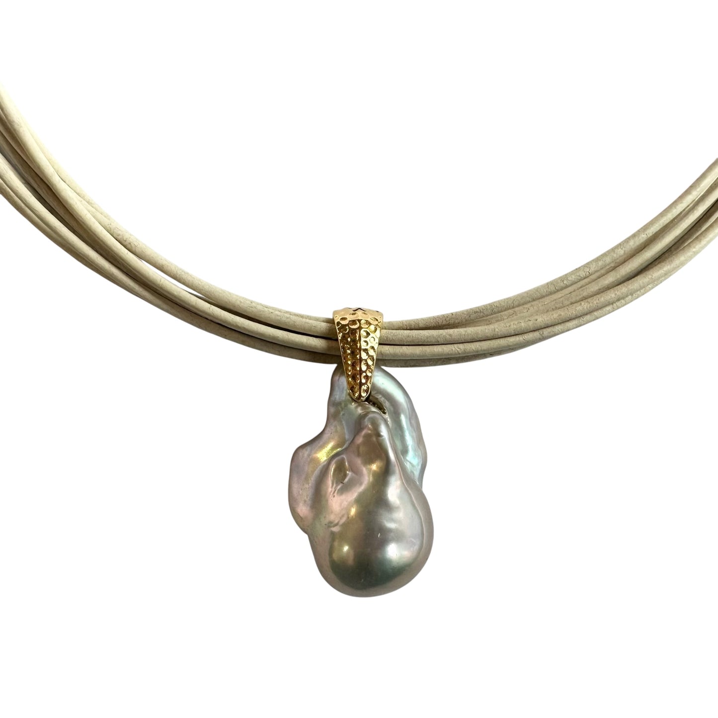 Necklace - Baroque Pearl on Beige Multi Leather