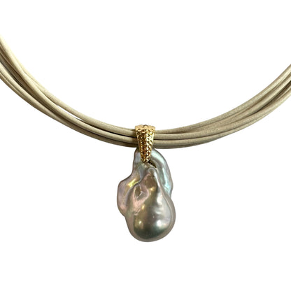 Necklace - Baroque Pearl on Beige Multi Leather