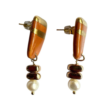 Earrings - Handmade Bronze Porcelain and Freshwater Pearl