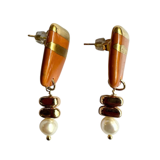 Earrings - Handmade Bronze Porcelain and Freshwater Pearl