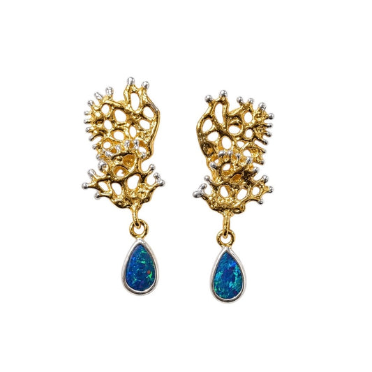 Earrings - Fragments Small, Yellow Gold Finish with Silver Accents and Australian Doublet Opal