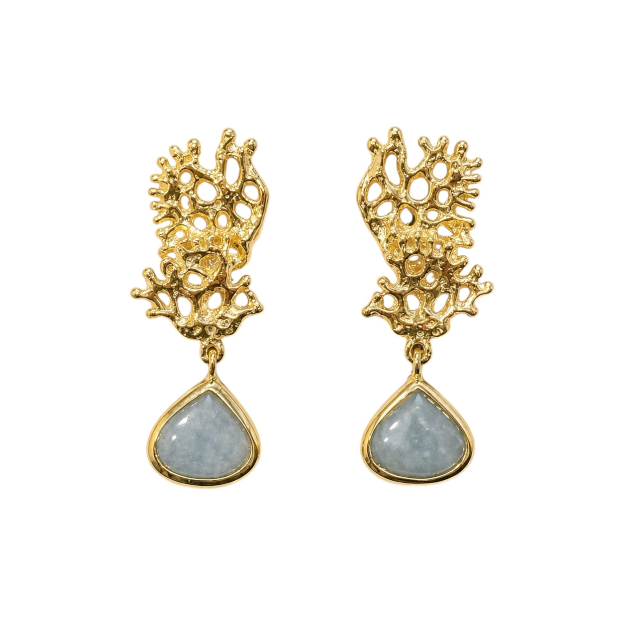 Earrings - Fragments Small, Yellow Gold Finish and Aquamarine Teardrop