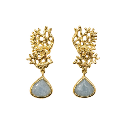 Earrings - Fragments Small, Yellow Gold Finish and Aquamarine Teardrop