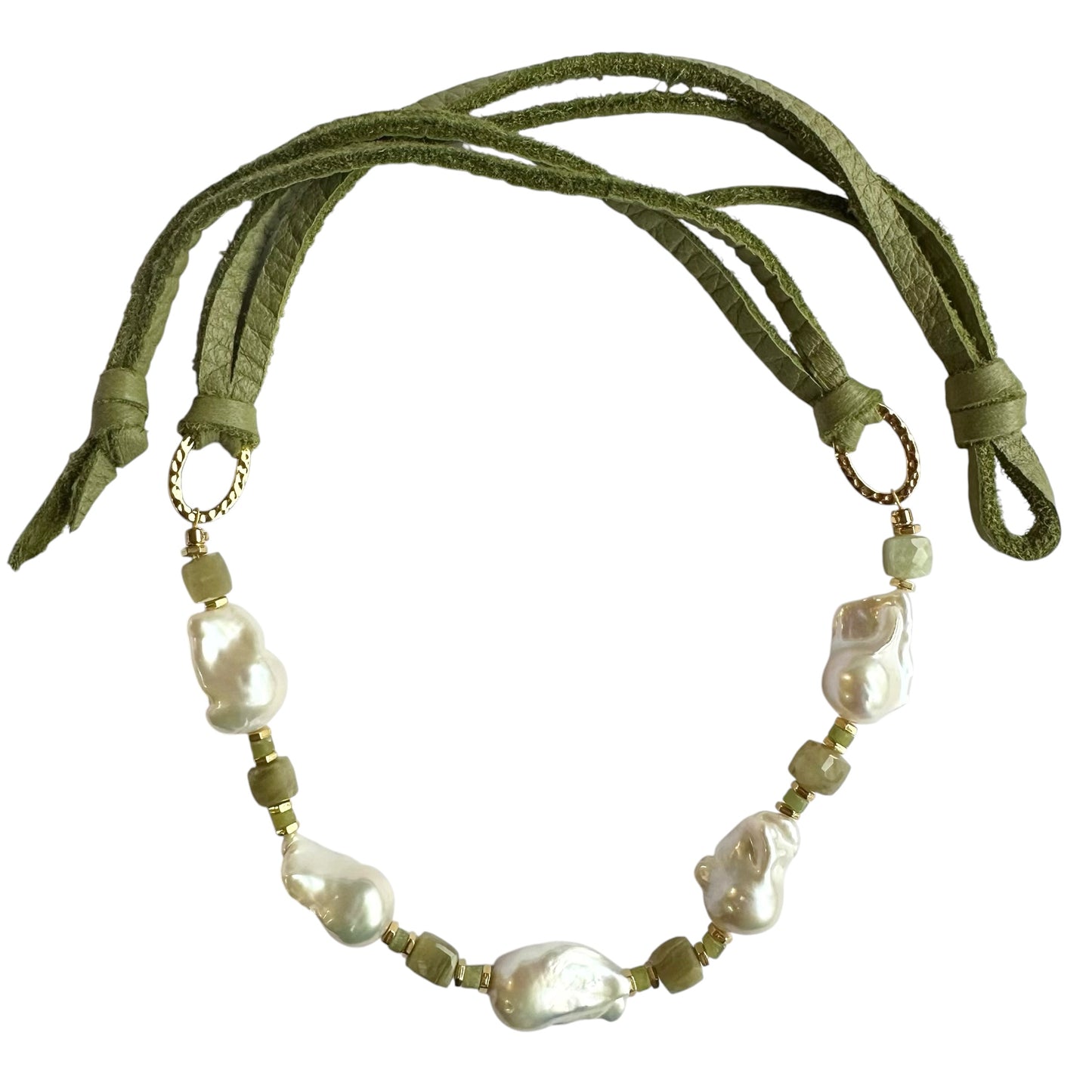 Necklace - Baroque Pearls, Green Vessonite Gem Beads