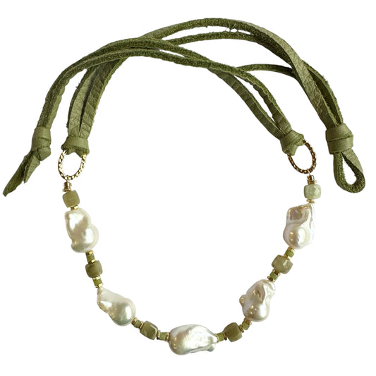 Necklace - Baroque Pearls, Green Vessonite Gem Beads