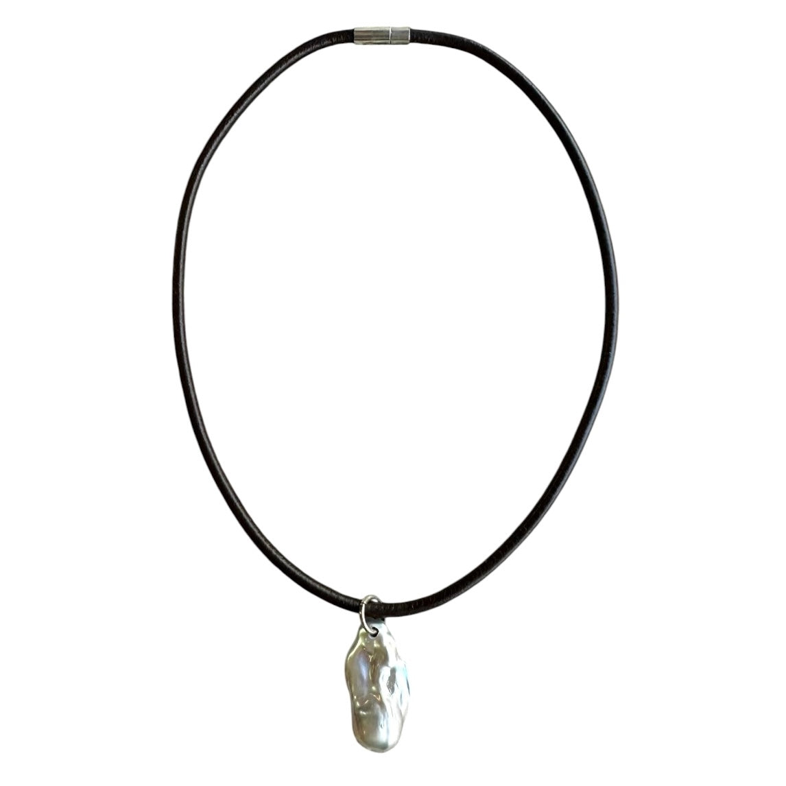 Necklace - Baroque Pearl on Brown Leather